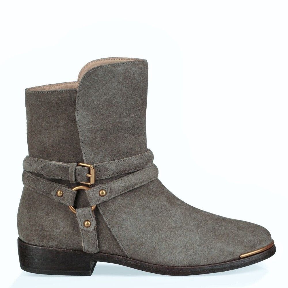 NWOB UGG Kelby Moto Harness Western Ankle Boots Gray Suede Leather Women Sz 6.5